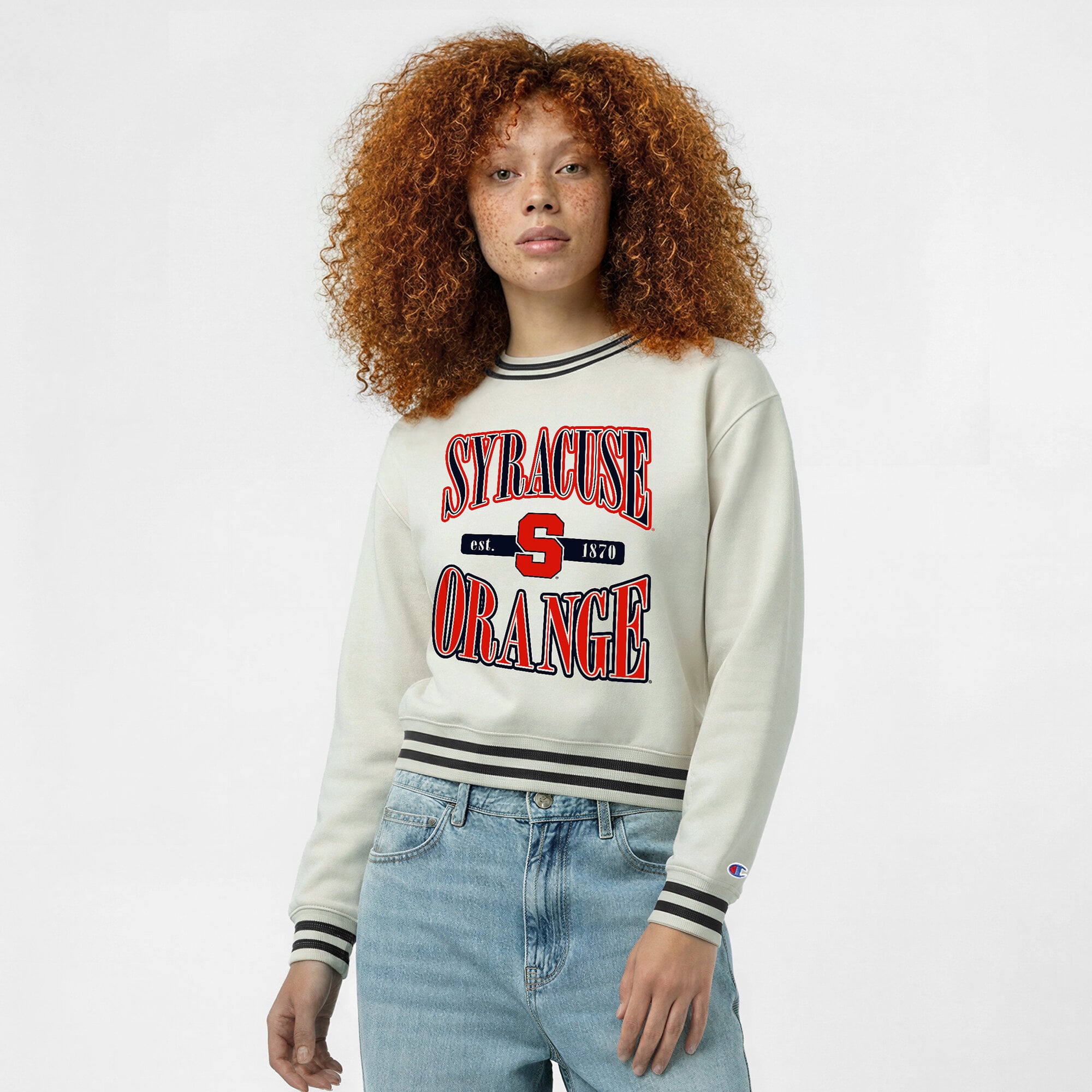 Women's Champion  White Syracuse Orange Yarn Dye Rib Reverse Weave Crew Sweatshirt
